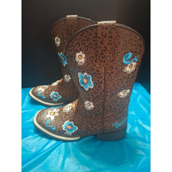 Twisted X Kids Floral Embroidered Brown Leopard Print Western Cowboy Boots Size - Picture 4 of 8